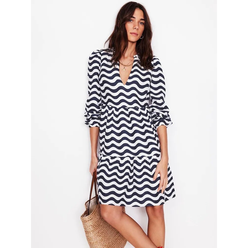 Boden Esme Short Linen Dress Navy White Wavy Stripe Retail $261 14R
